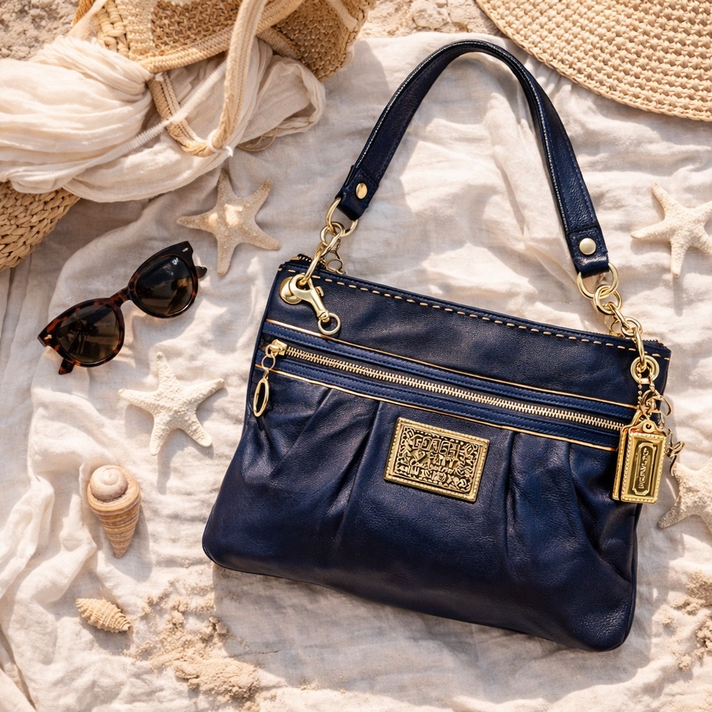 Coach Poppy Signature Sapphire Blue Leather Convertible Bag